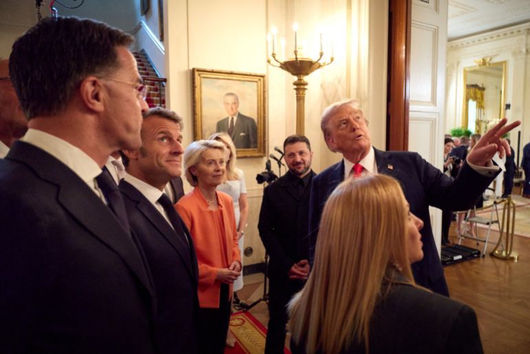 This handout photograph taken and released by the Ukrainian Presidential Press Service on August 18, 2025 shows US President Donald Trump (R) with Ukrainian President Volodymyr Zelensky (C), European Commission President Ursula von der Leyen (3-L), French President Emmanuel Macron (2-L), NATO Secretary-General Mark Rutte (L) and Italian Prime Minister Giorgia Meloni (R front), at the White House in Washington, DC.