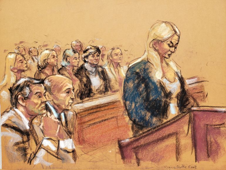FILE PHOTO: Virginia Giuffre speaks as victims make impact statements during a hearing in the criminal case against Jeffrey Epstein, who died earlier in the month, in what a New York City medical examiner ruled a suicide, in a courtroom sketch at Federal Court in New York, U.S., August 27, 2019. REUTERS/Jane Rosenberg/File Photo