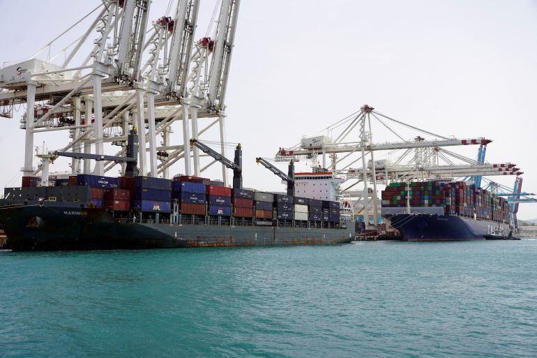 Container ships are moored at Tanger Med Port, on the Strait of Gibraltar, east of Tangier, Morocco June 6, 2024. REUTERS/Abdelhak Balhaki