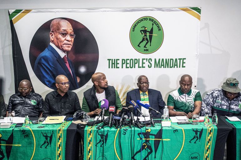 SANDTON, SOUTH AFRICA - JUNE 16: Former South African President Jacob Zuma at a media briefing for his party uMkhonto we Sizwe (MK), on June 16, 2024, at Capital Hotel in Sandton, outside Johannesburg, South Africa. Jacob Zuma's uMkhonto weSizwe (MK) party won the third-most votes in the recent election and helped deny the ANC party a majority. (Photo by Per-Anders Pettersson/Getty Images)