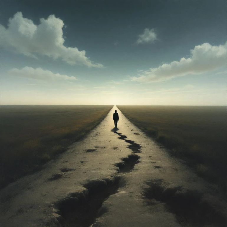 A surreal painting that symbolizes the pain of journeying. A lone traveler walks along an endless, desolate path under a vast sky, carrying heavy shadows of sorrow. His steps leave behind traces of sadness . The atmosphere is melancholic yet poetic, with soft muted colors, a horizon fading into uncertainty, and a sense of longing and exile.