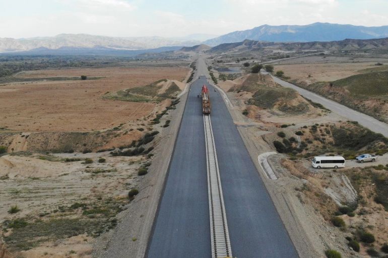 ZANGILAN, AZERBAIJAN - OCTOBER 09: An aerial view of construction of roads and railways continuing that they will pass through the Zangezur Corridor, which will connect the western provinces with Nakhchivan and will also be one of the routes of the Central Corridor extending from China to Central Asia, the Caspian Sea, the Caucasus and Turkiye, on October 09, 2023 in Zangilan, Azerbaijan. (Photo by Resul Rehimov/Anadolu via Getty Images)