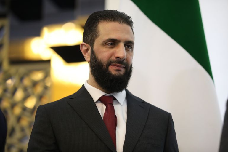 DAMASCUS, SYRIA - FEBRUARY 25: Syrian President Ahmad al-Sharaa attends the closing ceremony of Syrian National Dialogue Conference at the Presidential Palace in Damascus, Syria on February 25, 2025. the Syrian National Dialogue Conference, attends the National Dialogue Conference on February 25, 2025 in Damascus, Syria. A national dialogue conference intended to help chart Syria's political future after the fall of former President Bashar Assad began at the Presidential Palace in Damascus on Monday. (Photo by Ali Haj Suleiman/Getty Images)
