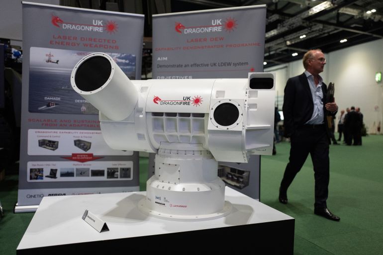 LONDON, ENGLAND - SEPTEMBER 10: A UK Dragonfire laser directed energy weapon system is seen on day one of the DSEI arms fair at ExCel on September 10, 2019 in London, England. The biennial Defence and Security Equipment International (DSEI) is the world's largest arms fair and is held in London's Docklands area. (Photo by Leon Neal/Getty Images)