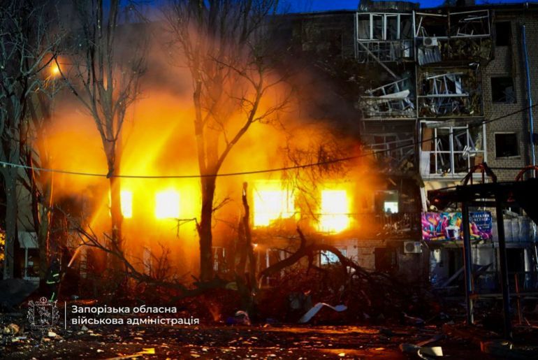 epa12335639 A handout photo made available by the Zaporizhzhia Regional Military Administration shows Ukrainian rescuers working at the site of a Russian strike on a residential area in Zaporizhzhia, southeastern Ukraine, 30 August 2025, amid the Russian invasion. At least one person was killed and 22 others were injured, including three children, after Russian forces launched an overnight attack on Zaporizhzhia and surrounding areas. According to Ukrainian authorities, a large-scale attack across Ukraine was launched with around 540 drones, 8 ballistic missiles, and 37 other types of missiles. EPA/ZAPORIZHZHIA REGIONAL MILITARY ADMINISTRATION HANDOUT -- BEST QUALITY AVAILABLE -- MANDATORY CREDIT -- HANDOUT EDITORIAL USE ONLY/NO SALES