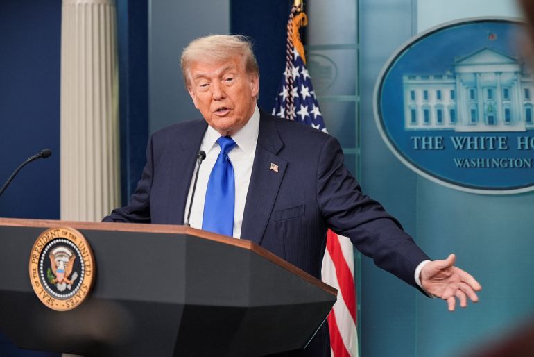 U.S. President Donald Trump speaks to the media, after the U.S. Supreme Court dealt a blow to the power of federal judges by restricting their ability to grant broad legal relief in cases as the justices acted in a legal fight over President Donald Trump's bid to limit birthright citizenship, in the Press Briefing Room at the White House in Washington D.C., June 27, 2025. REUTERS/Ken Cedeno