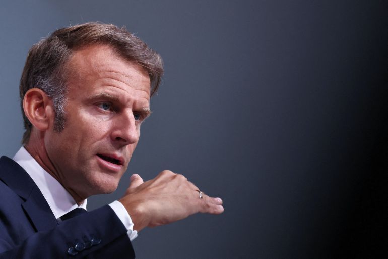 France's President Emmanuel Macron attends a joint press conference with German Chancellor as part of the 25th Franco-German cabinet meeting and a meeting of the Franco-German Defence and Security Council (CFADS) in Toulon, south-eastern France, on August 29, 2025. (Photo by Manon Cruz / POOL / AFP)