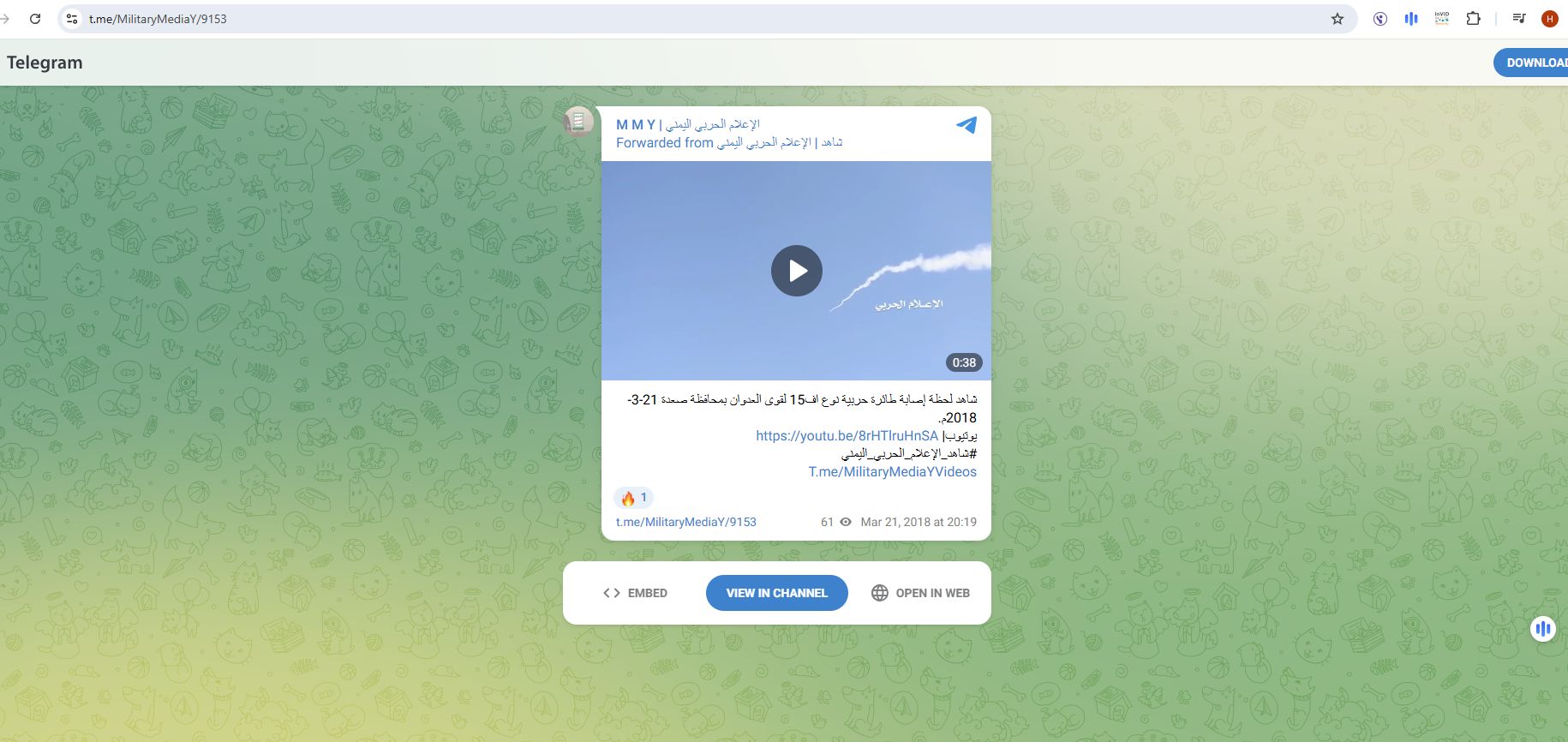 لقطة من الفيديو المنشور في قناة الاعلام الحربي اليمني في تلغرام في 21 آذار 2018