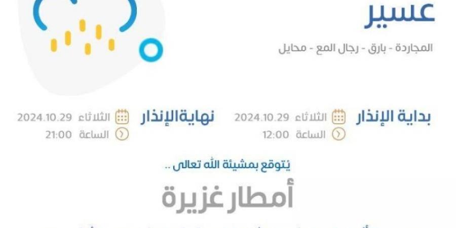 "الأرصاد" ينبه من تكون أمطار غزيرة على منطقة عسير