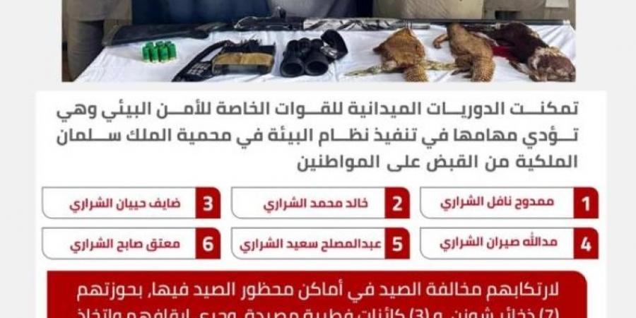 ضبط (6) مخالفين لارتكابهم الصيد في أماكن محظور الصيد فيها بمحمية الملك سلمان الملكية - هرم مصر